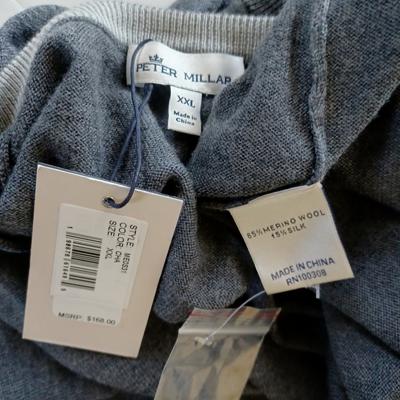 PETER MILLAR XXL MERINO SILK MEN'S CROWN SOFT V-NECK GRAY SWEATER New With Tags - Picture 3 of 5
